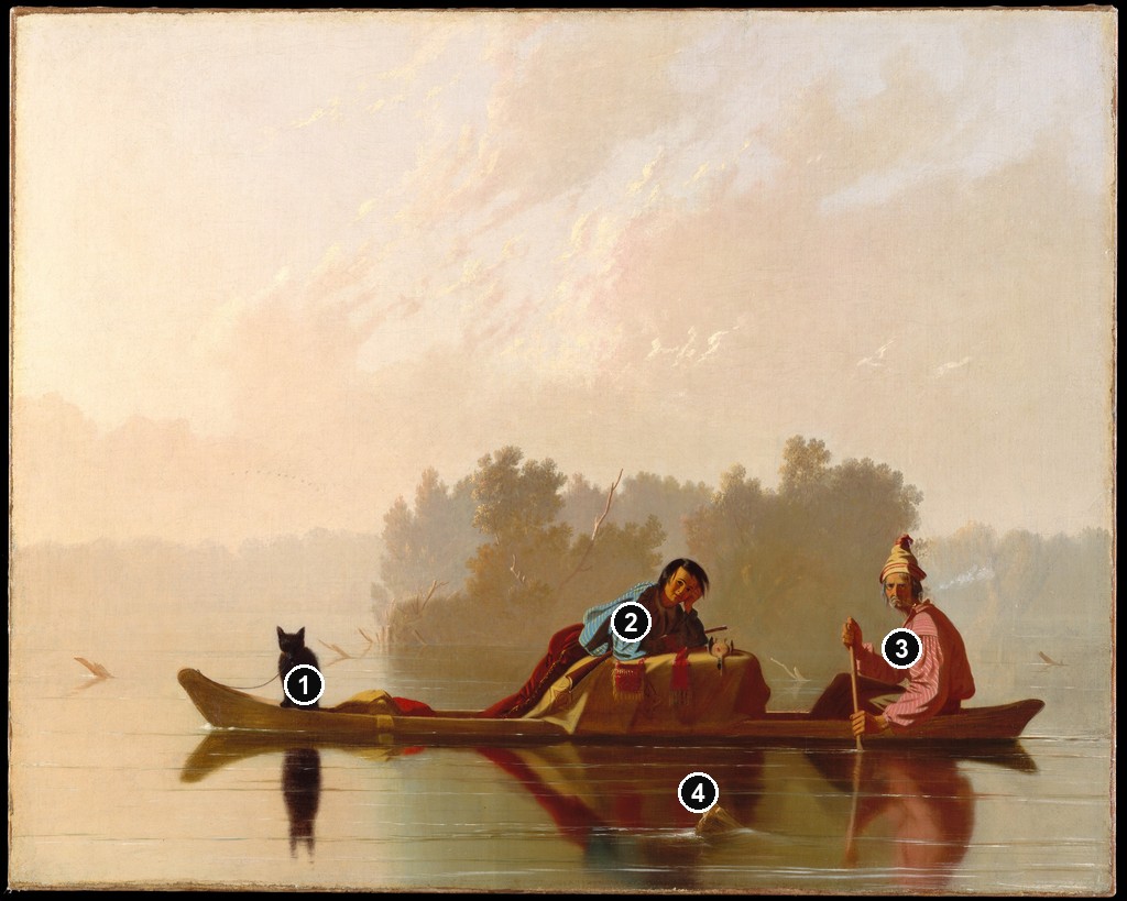 Annotated details from Fur Traders Descending the Missouri by George Caleb Bingham